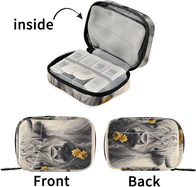 Highland Cow with Flower Pill Organizer Weekly Vitamin Case Bag with Zipper Portable Supplement Holder