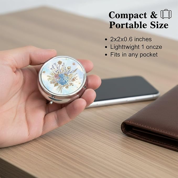 Round Pill Case Small Pill Box with Mirror Pocket 3 Compartment Vitamin Pill Medicine Case Organizer Pill Containers for Traveling Blue Dried Flowers