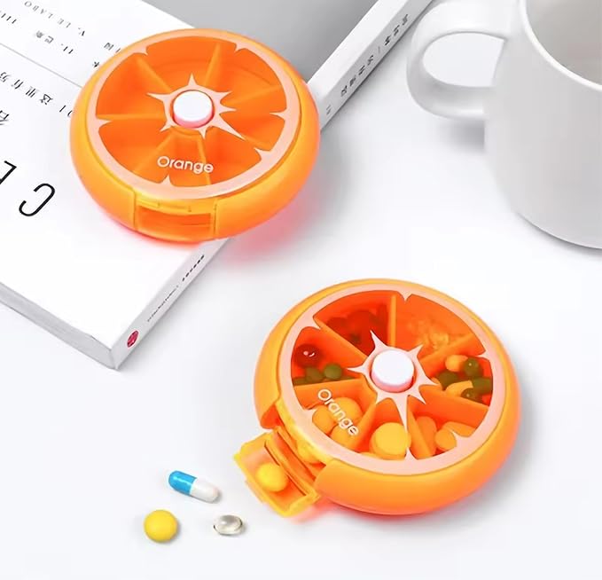 Rotating Daily Pill Dispenser. Weekly 7 Compartments Large Medicine Pill Organizer. (Orange). 2 Units Pack