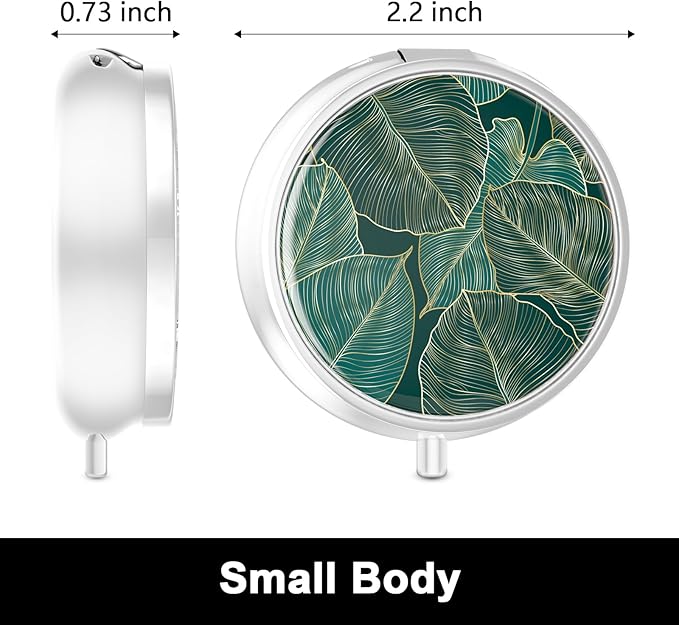 Rouidr Pill Box, 3 Compartment Medicine Pill Case, Small Metal Travel Medicine Box for Purse & Pocket, Silver, Tropical Leaf