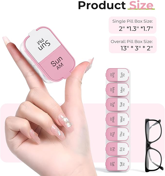 Odaro Extra Large Weekly Pill Organizer 2 Times A Day, Pill Box 7 Day Am Pm to Hold Daily Medicine Vitamin and Supplements - Pink