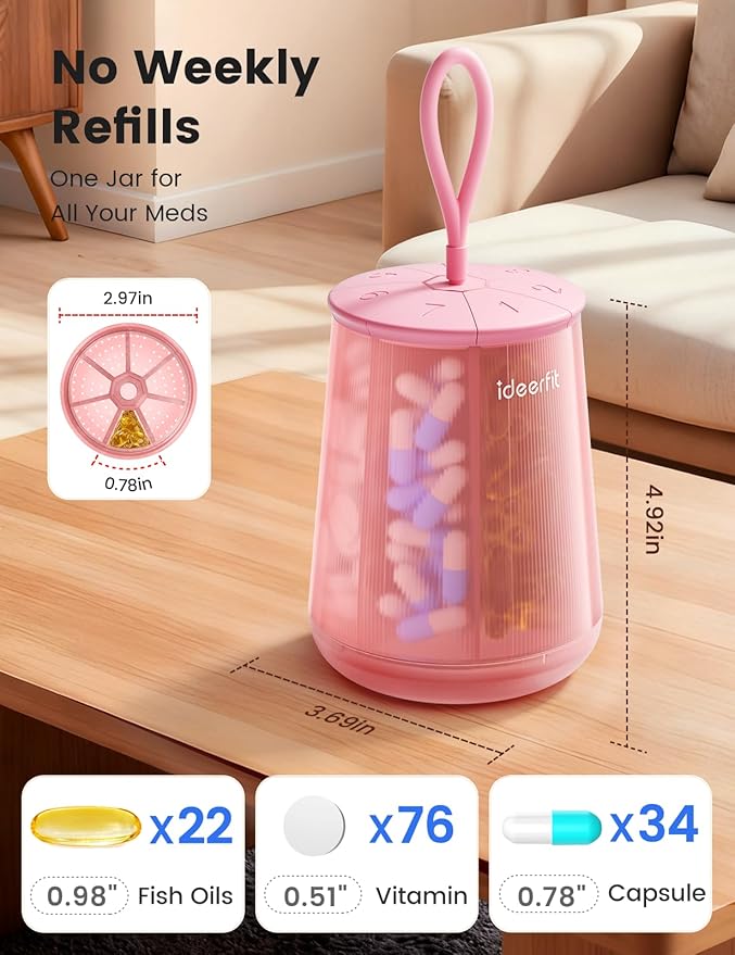 Anti-Mixing Large Pill Dispenser with 7 Compartments, Moisture-Proof & Light-Blocking Pill Bottle Organizer for Vitamins and Supplements, with Color Labels (Pink)