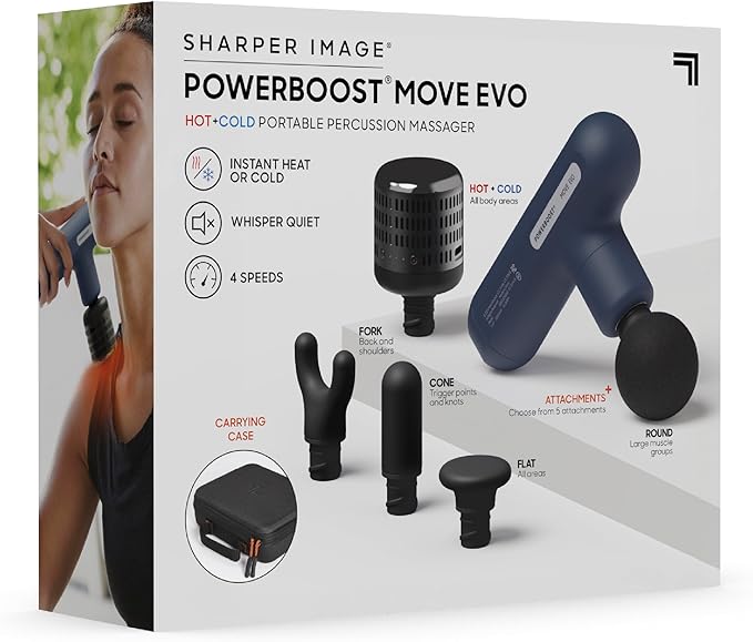 Sharper Image Deep Tissue Percussion Massage Gun, Powerboost Move Evo Hot & Cold Rechargeable Handheld Massager, 4 Adjustable Speeds, 5 Attachment Heads & Carrying Case, for Muscle Pain Relief, Blue