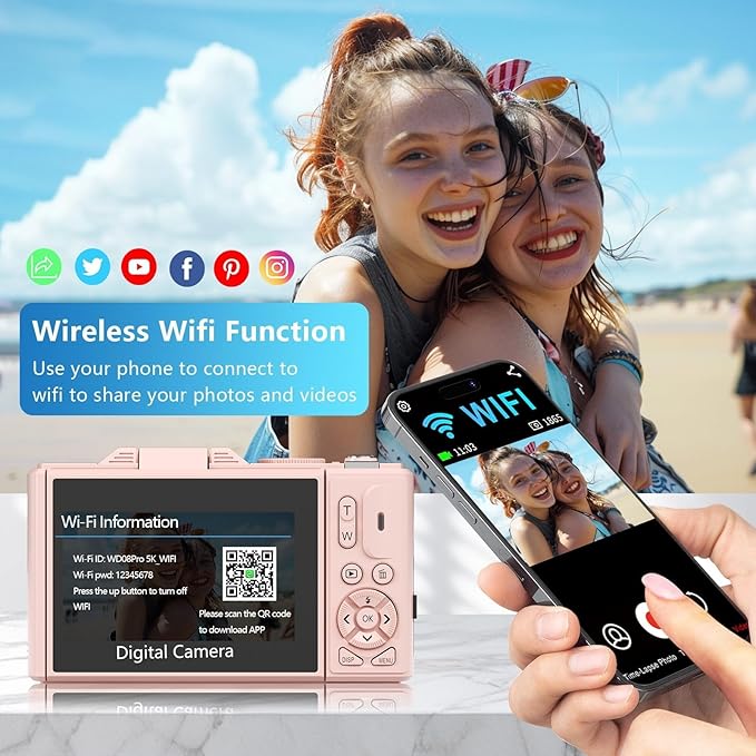 4K/5K Digital Camera – 75MP UHD Vlogging Camera for Photography & Video, WiFi, Autofocus, 3" Flip Screen, 18X Zoom – Compact Starter Kit (Pink)