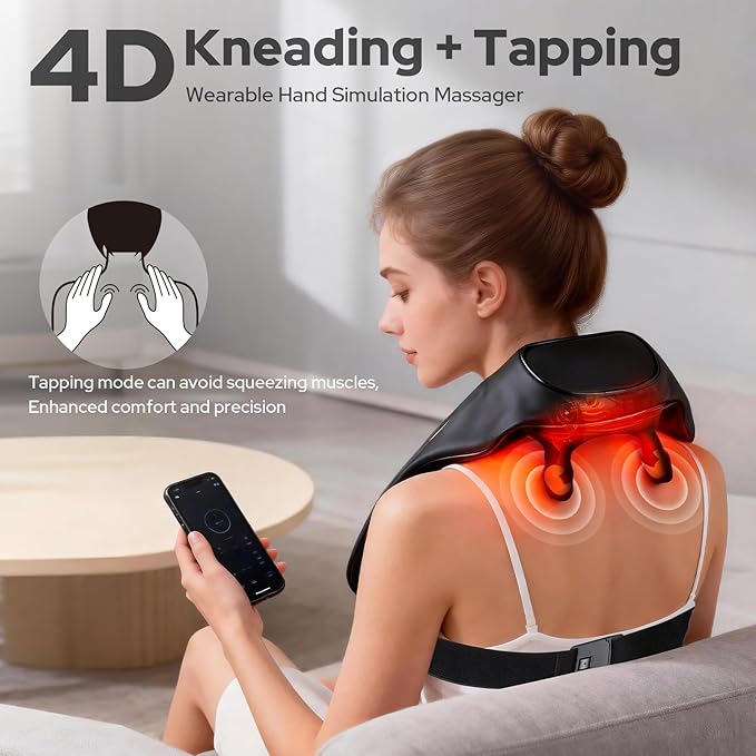 Shiatsu Neck and Back Massagers with Heat, Cordless Rechargeable 4D Kneading + Tapping Wearable Massager, 3 Tapping Intensities, 3 Speeds, Ultra-Quiet Under 45dB for Deep Muscle Relief