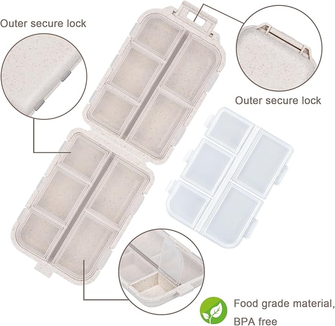 Travel Pill Organizer with Medicine Labels, Travel Pill Box Mini Medicine Organizer Daily Pill Container 10 Compartments Purse Pill Case (White, 189 Lables)
