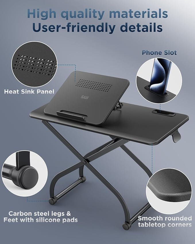 SAIJI Metal Small Laptop Desk Standing Converter, 23" Height Adjustable Desk Riser for Tabletop, Sit-Stand Workstation, Table Extender for Desk