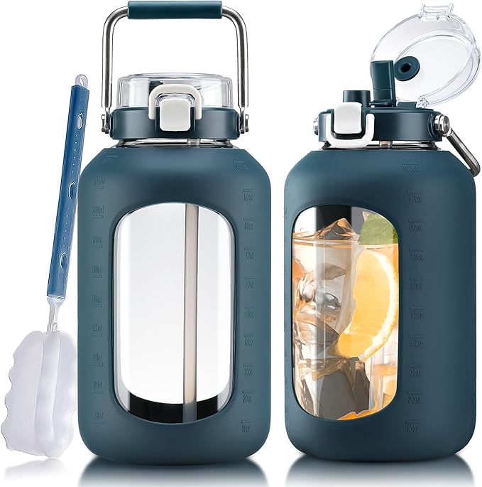 Large Glass Water Bottles with Stainless Steel Handle,100 oz Gallon Drinking Bottle with 2-in-1 Straw Lid,3 Liter Glass Water Jug with Silicone Sleeve,Wide Mouth,Dark Blue