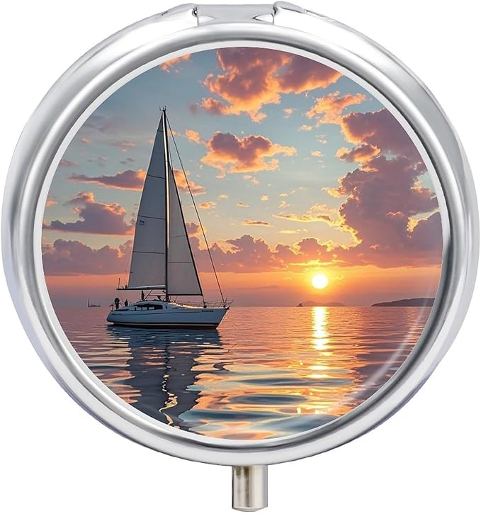 Sailboat and Sunset Pill Box Travel Pill Case for Purse Pocket Weekly Medicine Organizer with Mirror 3 Compartment Round Medicine Case Portable PillcaseHolder for Daily