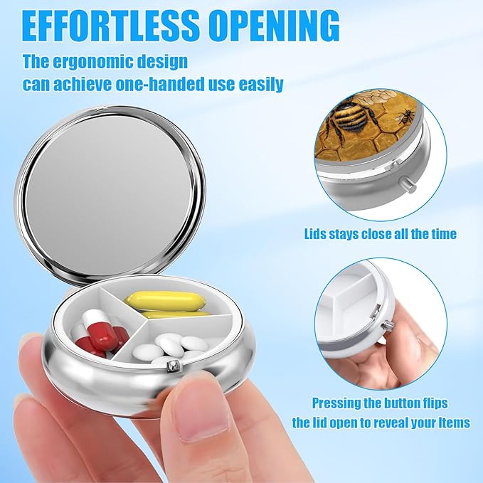 Pill Box, 3 Compartments Small Pill Case Travel Portable Metal Medicine Box with Mirror Mini Container for Purse Pocket Women Men（Cute Bee）