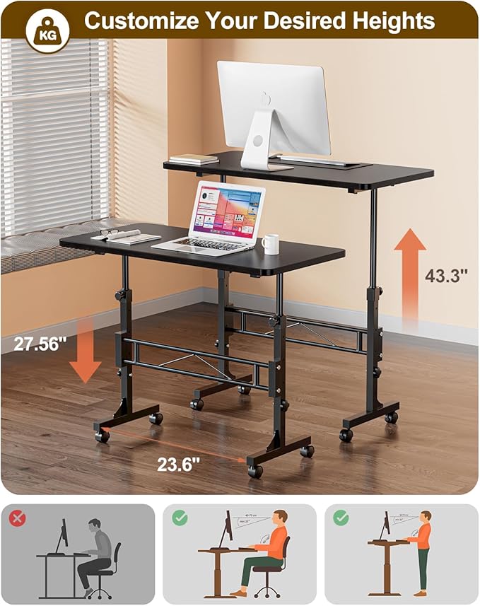 Small Standing Desk Adjustable Height, Mobile Stand Up Desk with Wheels, 32 Inch Portable Rolling Desks Conference Room Tablesf for Walking Pad Treadmill Black
