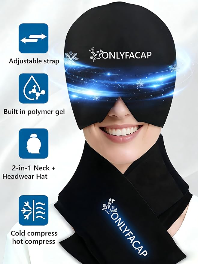 Migraine Relief Cap and Neck Ice Pack Set, Upgraded and Thickened Reusable Gel, Hot and Cold Compress Therapy for Neck and Headache Pain Relief, Hangover, Tension, Stress and Puffy Eyes