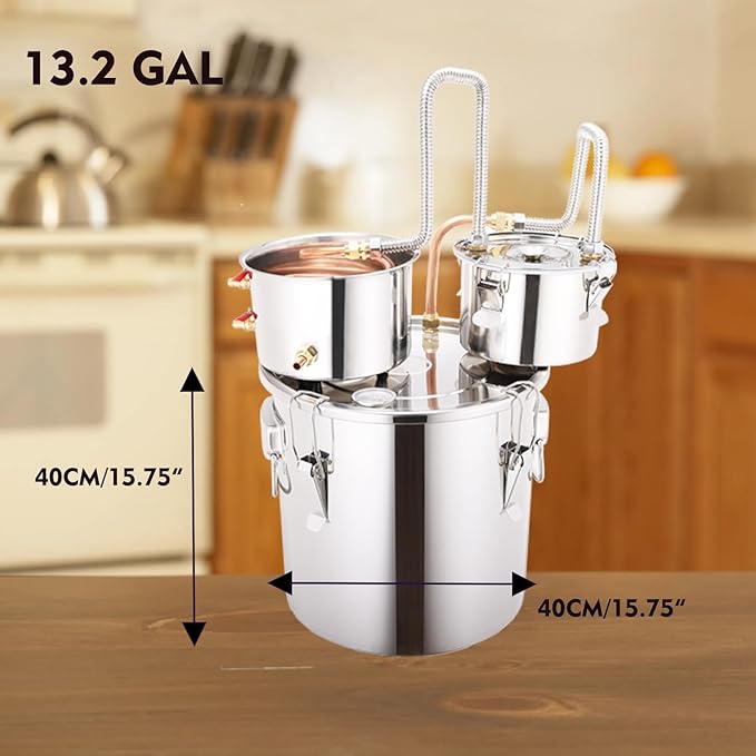 Shine Still 13.2 GAL 3 Pots Distillery Kit for Alcohol Stainless Steel Copper Tube Complete with Thumper Water Pump Metal Thermometer Fermentation Airlock Distilling for Whiskey, Brandy etc.