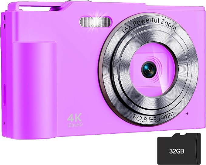 Digital Camera, FHD 4K Digital Point and Shoot Camera with 16X Zoom Anti Shake, 48MP Compact Small Camera with 32GB Card for Boys Girls Kids Fuchsia Purple