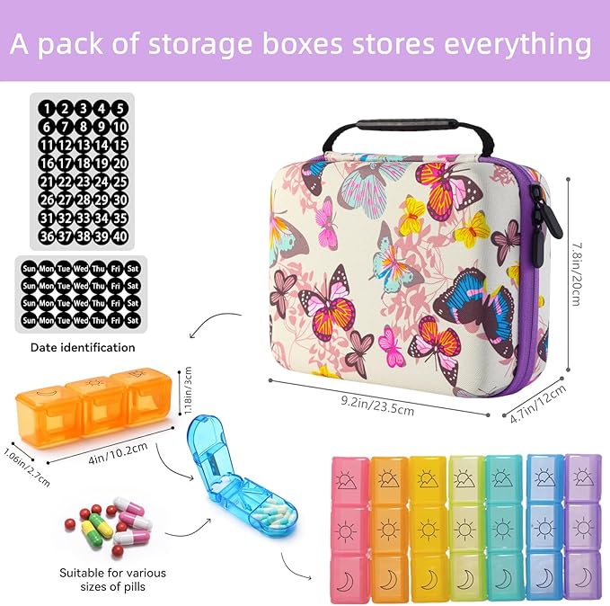 Monthly Pill Organizer, 31-Day Medicine Box with Hard Shell Case, 3 Times Daily Dosage Schedule, Plastic Rectangular Design, Includes Pill Cutter and Monthly Weekly Stickers (Butterfly)