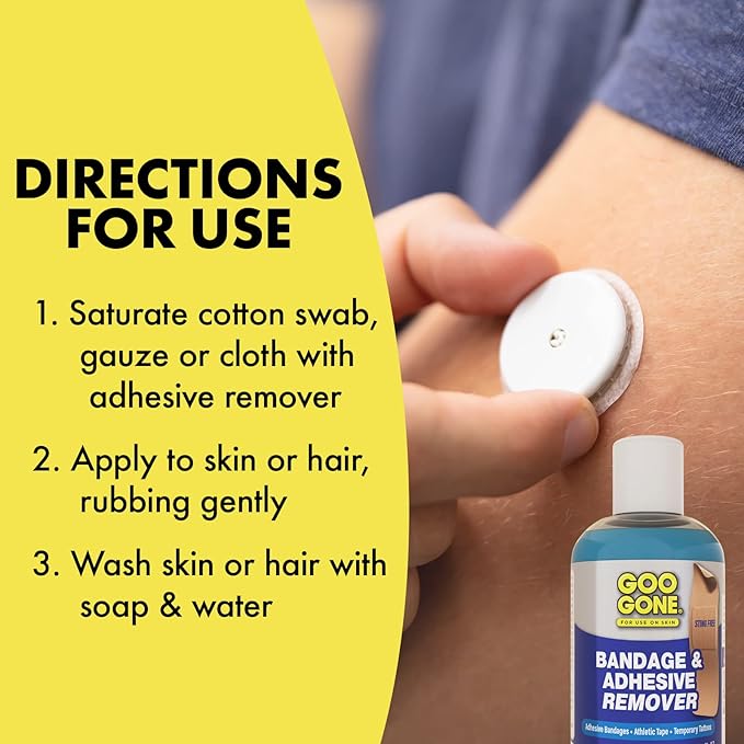 Goo Gone Skin Adhesive Remover - Safe and Pain Free Removal for Sticky Residue From Continuous Glucose Monitors, KT Tape, Medical Tape, Heart Rate Monitors, Insulin Pumps, 8 oz.
