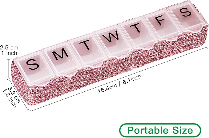 Soleebee Portable Weekly 7 Day Pill Organizer, Bling Crystal Pill Box Case, Travel Pill Planner, Pill Dispenser, Medicine Vitamin Container Organizer (Pink)