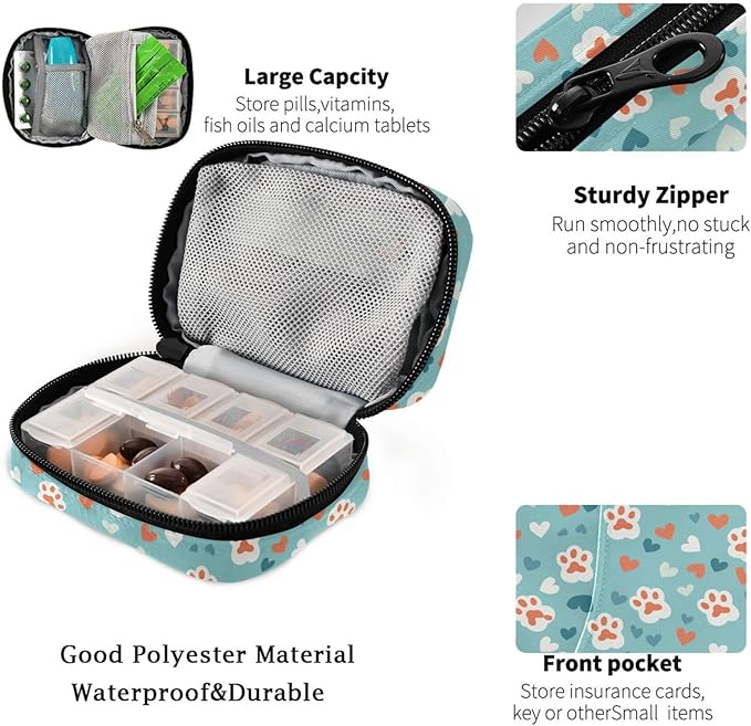 Fustylead Cute Cat Paw Prints and Hearts Pill Organizer and Storage Weekly with Zipper, Removable Pill Box Portable Medicine Organizer for Vitamin Fish Oil Supplement