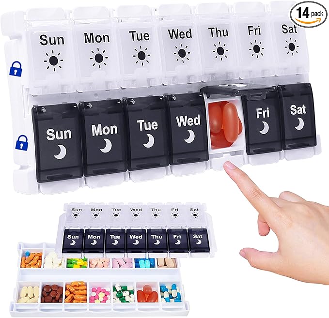 HRX Package Pill Organizer 2 Times a Day, Easy Fill & Open Weekly Medicine Box Vitamin Cases for 7 Day AM PM