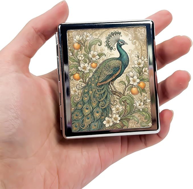 Metal 7 Day Pill Organizer, Cute Small Weekly Pill Case with 8 Compartments for Travel, Moisture-Proof Medicine Holder for Purse, Compact Daily Vitamin Box (Vintage Peacock)