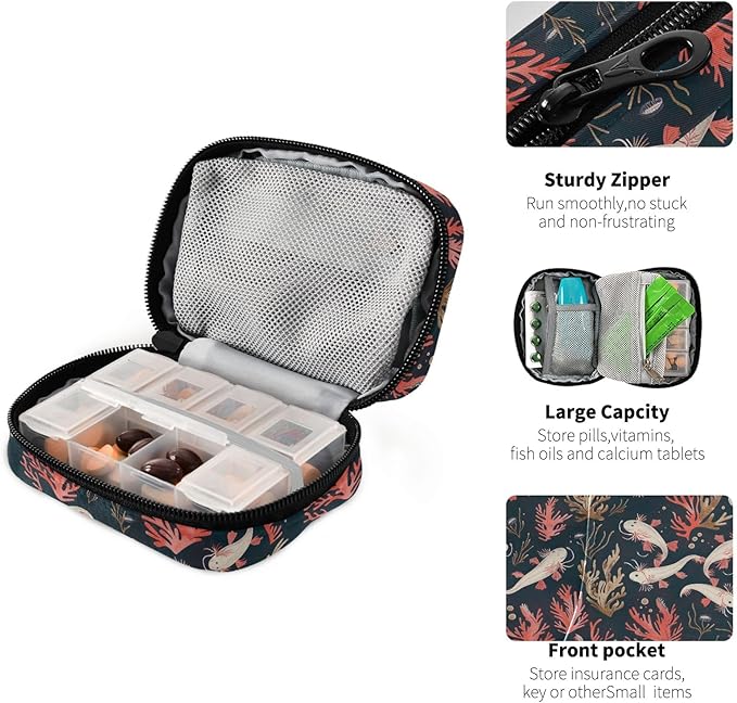 Cute Axolotls and Sea Plants Travel Pill Box Organizer 7 Day Weekly Pill Case Portable Travel Vitamin Box Organizer