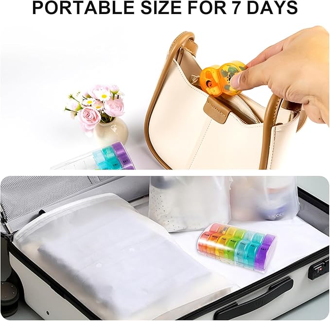 Weekly Pill Organizer 2 Time a Day，Pill Dispensers， Pill Box 7 Day with One-Side Large Opening Design for Easy Filling ，2 Times a Day AM/PM Pill Case, for Vitamins/Fish Oils (Transparent Color)