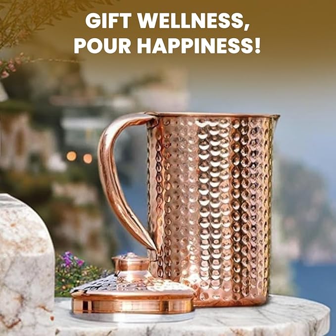 100% Pure Copper Pitcher 50.72 Oz / 1500 ml | Drinking Water Traditional Hammered Pitcher With Lid | Copper Jug Handle Water Bottle | Ayurveda Health Benefits | Serving Water in Daily Use