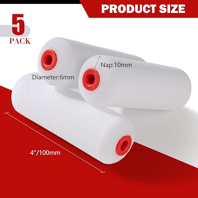 Mister Rui 4" Foam Paint Roller Covers 5-Pack, 50kg/m³ High Density - Washable & Reusable for Smooth Finish on Furniture, Cabinets, DIY Projects