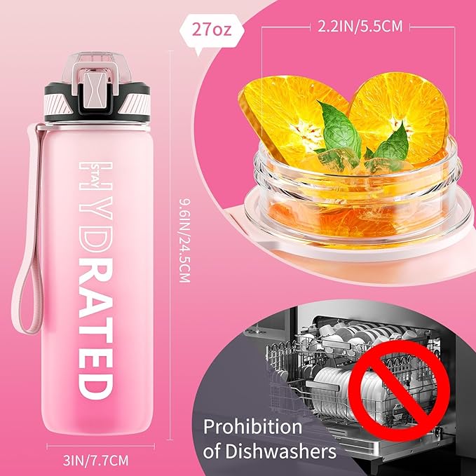 Water Bottle with Straw, 27oz Motivational Water Bottles with Time Marker to Drink, Tritan BPA Free, 750ml Sports Water Bottle with Carry Strap LeakProof for School Fitness Outdoor (1Pack)