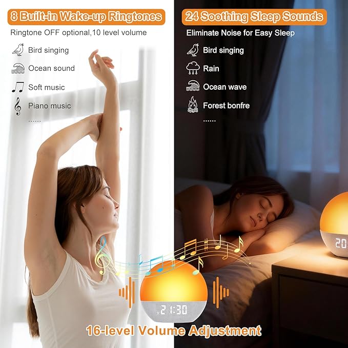 Sunrise Alarm Clock, White Noise Sound Machine, Gentle Alarm Clocks for Bedrooms, Natural Linen, 24 Soothing Sounds, 17 Night Lights, Dimmable Clock, Dual-Alarm for Heavy Sleepers