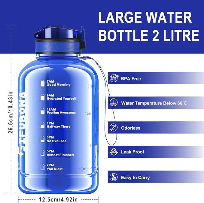 GIFUBOWA 2L Water Bottle with Straw Half Gallon Drinking Bottle with Handle Motivational Gym Jug 2 Liter with Time Marker