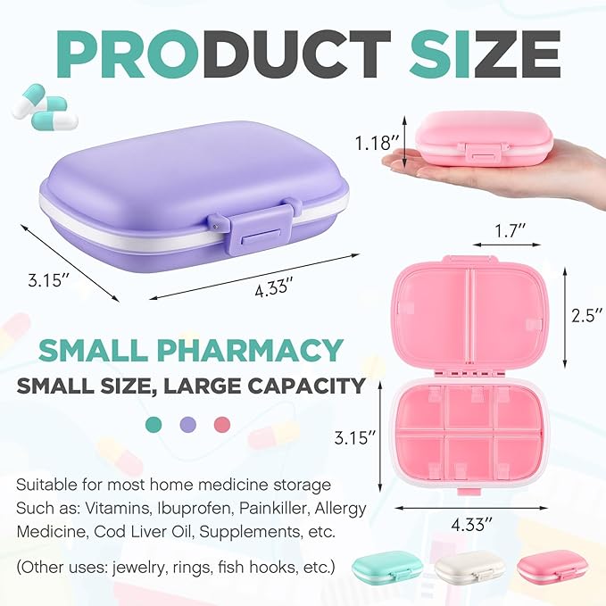 Layhit 30 Pcs Travel Pill Organizer Bulk with Labels Portable Daily Pill Dispenser 8 Compartments Medicine Storage Case for Vitamins, Fish Oils, Supplements (Blue,Pink,Purple)