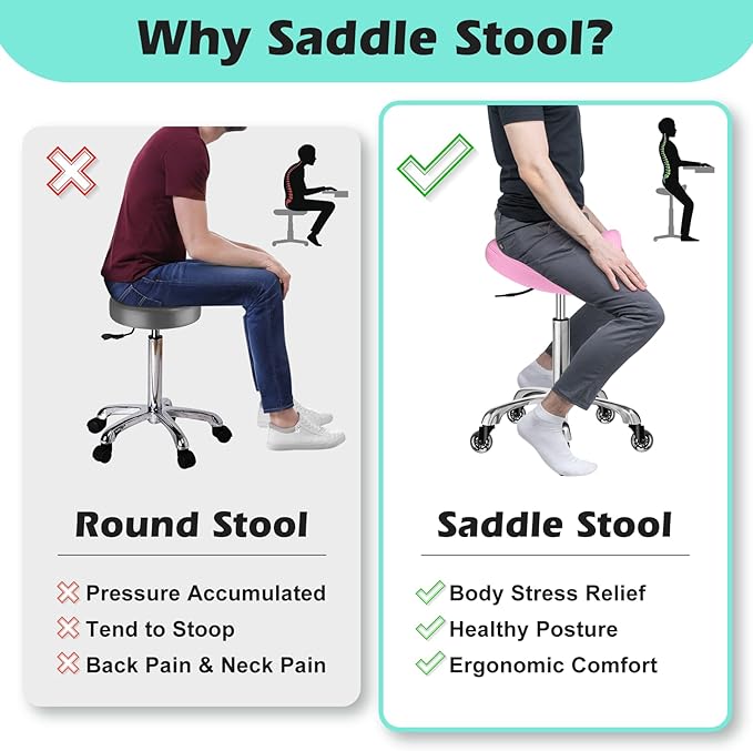 Saddle Stool with wheels Ergonomic - Heavy Duty 400lbs, Upgraded Thick Saddle Cushion, Healthy Posture Correction, Swivel Adjustable Rolling Saddle Stool, Saddle Chair for Salon Massage Home (Pink)