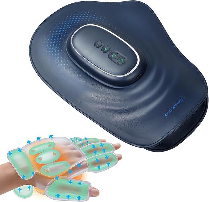 Portable Hand and Wrist Massager with Heat and Compression, 3 Modes, 3 Intensities and 3 Temps (100°F–116°F), for Palm & Fingers, Rechargeable, Home, Office, Travel (Blue)
