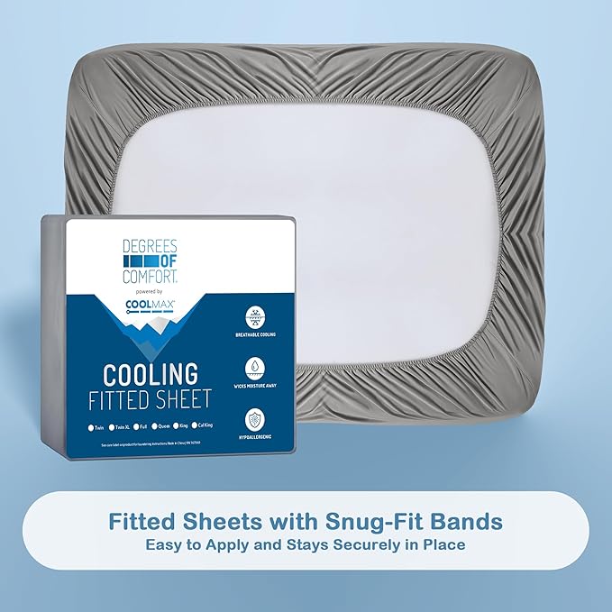 Degrees of Comfort Coolmax® Cooling Fitted Sheet Only, Soft Full Size Bed Sheets for Hot Sleepers, Up to 15" Deep Pocket, All Around Elastic, Wrinkle Free, Fade Stain Resistant, Grey 1 Piece