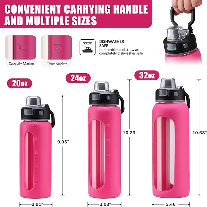 Kodrine 20oz Glass Water Bottle with Straw-2 Lids-Iced Coffee Cup with Silicone Sleeve & Time Marker, Reusable Glass Drinking Bottle for Home,Office,Outdoors, Cupholder Friendly-Rose Red