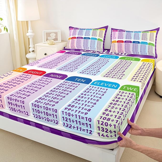 Feelyou Kids Educational Fitted Sheet Twin Size, Division Bedding Set MathLearning Bed Sheet Set Boys Girls Preschool Teens Bedroom Decor (1 Pillow Case and a Fitted Sheet)