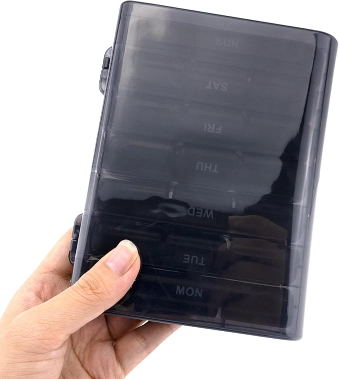 Quacc 1 PCS Weekly Pill Box Organizer 7 Day 3 Times Portable Travel Medicine Pill Organizer Tablet Box for Gel Capsules, Fish Oils, Vitamins, Supplements (Black)