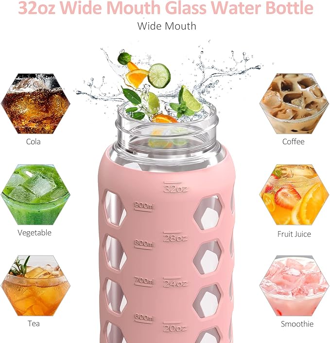 MUKOKO 32oz Glass Water Bottles with 2 Lids-Handle Spout Lid&Bamboo Straw Lid, Motivational Water Tumbler with Time Marker Reminder and Silicone Sleeve, Leakproof-Pink-1 Pack