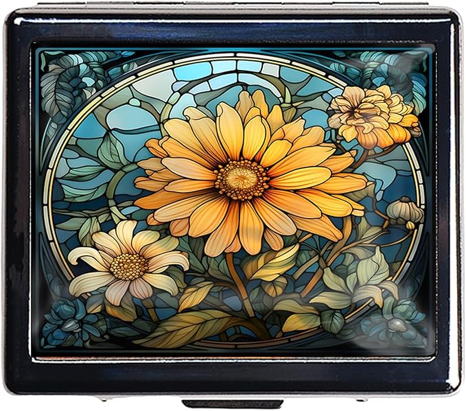 7 Days Chromed Shiny Silver Pill Organizer with Mirror Inside Has 8 Separate Compartments Rectangle 7 Days Pill Box Pill Case (Stained Glass Flower)