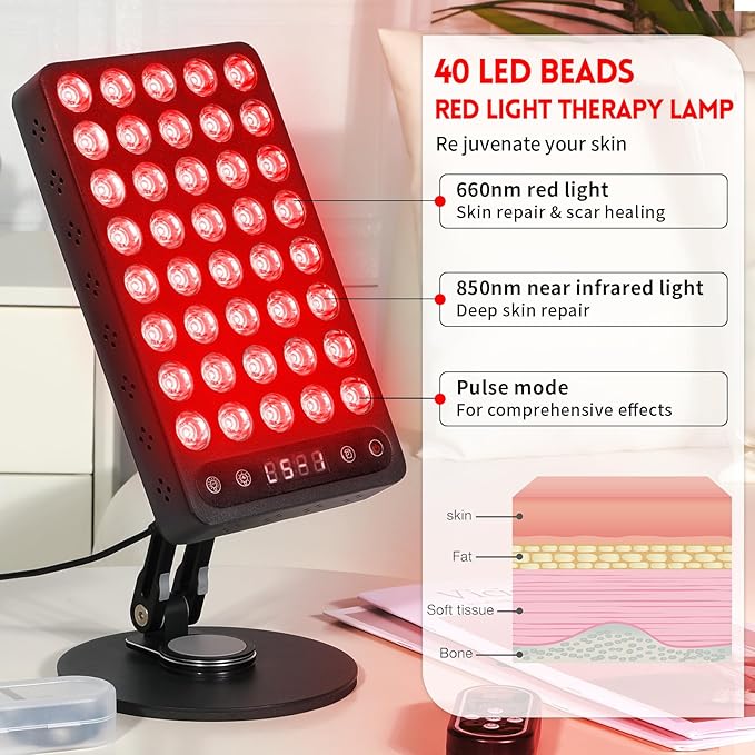 Red Light Therapy, 40 LEDs 660nm Red 850nm Near Infrared Light with Timer, High Power Panel Lamp Device for Body, Skin, Face, Recovery, Improve Sleep (Black)