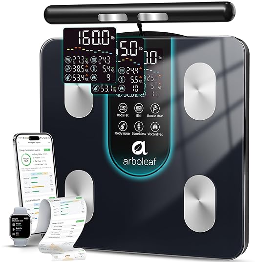 arboleaf Smart Scale for Body Weight, 8-Electrode Dual-Frequency BIA Bathroom Scale with 7-in-1 Display for BMI Body Fat Muscle Mass, Segmental Full Body Composition Analyzer, 50+ Metrics in App