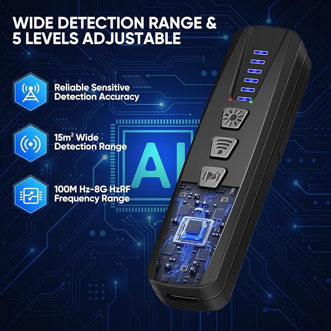 AI Hidden Camera Detector, Anti-Spy Camera Finder RF Signal & WiFi Scanner Hidden Devices Detector for GPS Trackers, 4 Modes for Hotel, Bathroom, Office, Car Travel Security (Black)
