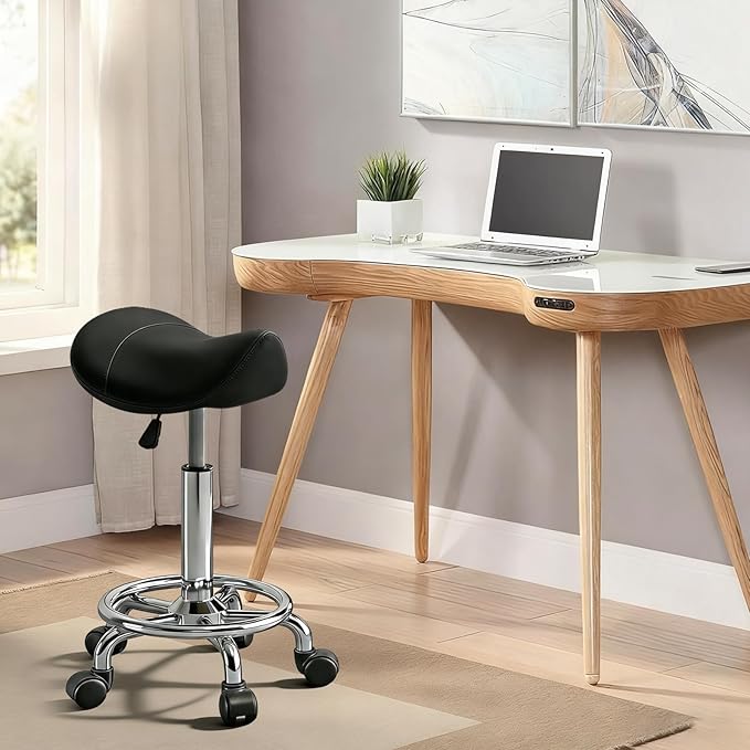 Saddle Stool with Ring Pedal, Adjustable Hydraulic Rolling Chair with Wheels for Medical, Massage, Salon, Spa, Kitchen, and Drafting Use