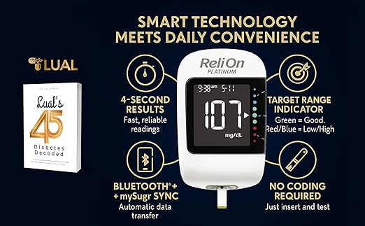 Platinum Blood Glucose Monitoring System Kit with 50 Test Strips, Bluetooth | Blood Glucose Monitor System Kit Bundle with 45 Diabetes Decoded