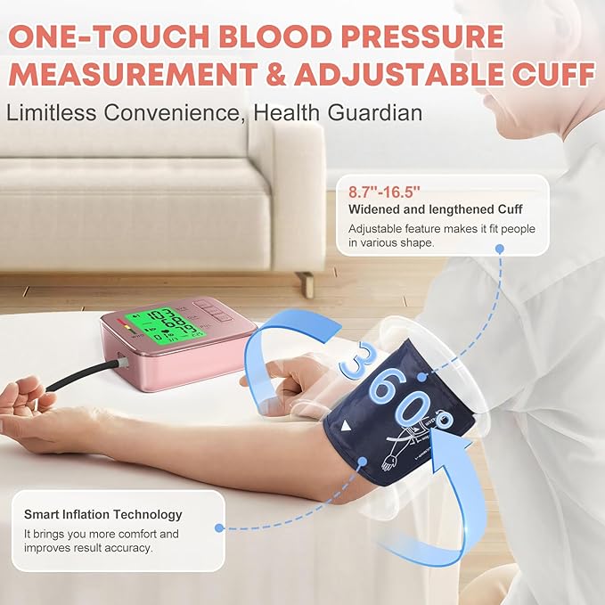 Blood Pressure Monitors,Pink Blood Pressure Machine Bp Cuff Automatic Upper Arm with 8.7”-16.5 inches Adjustable Automatic High Blood Pressure Cuff for Home Use 2 x 90 Sets Memory (Blue BP Cuff)