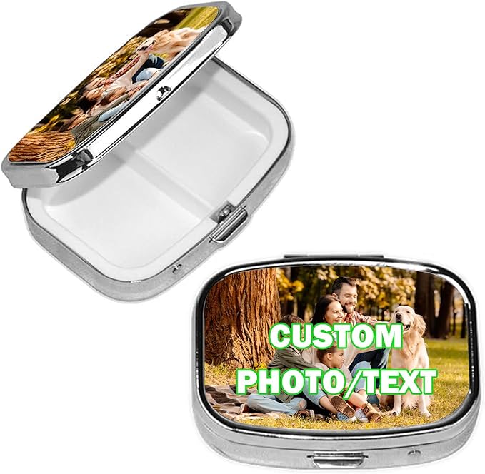 Custom Pill Box Organizer Travel With Photo,Logo,Text Personalized Metal Medicine Pill Case Waterproof Tablet Vitamin Holder Organizer for Purse Pocket Travel Gifts with Mirror&Key Rings 2 Compartment