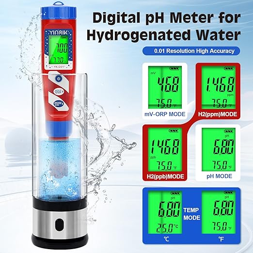 Hydrogen Water Tester, pH Tester, Digital pH Meter for Hydrogenated Water,H2 Meter(PPB/PPM), ORP Meter Hydrogen Water Bottle Test, pH ORP Meter for hydroponics/Swimming Pool