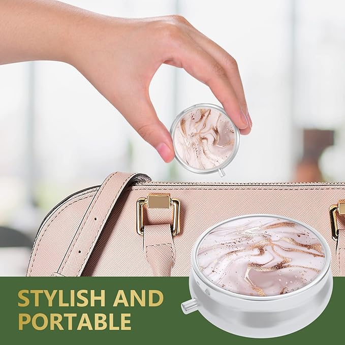 Nipichsha Pill Box, Small Pill Case for Purse & Pocket, Cute Travel Medicine Organizer, Portable Medicine Container Holder to Hold Vitamins, Medication, Fish Oil & Supplement, Pink Glitter Marble