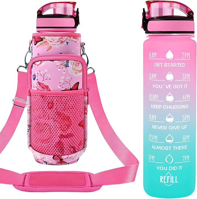 32 oz Water Bottles with Straw & Strap, Motivational Water Bottles with Times to Drink, BPA Free Reusable Sports Water Bottle with Sleeve Carrier for Hiking, Travel, Running or Fitness